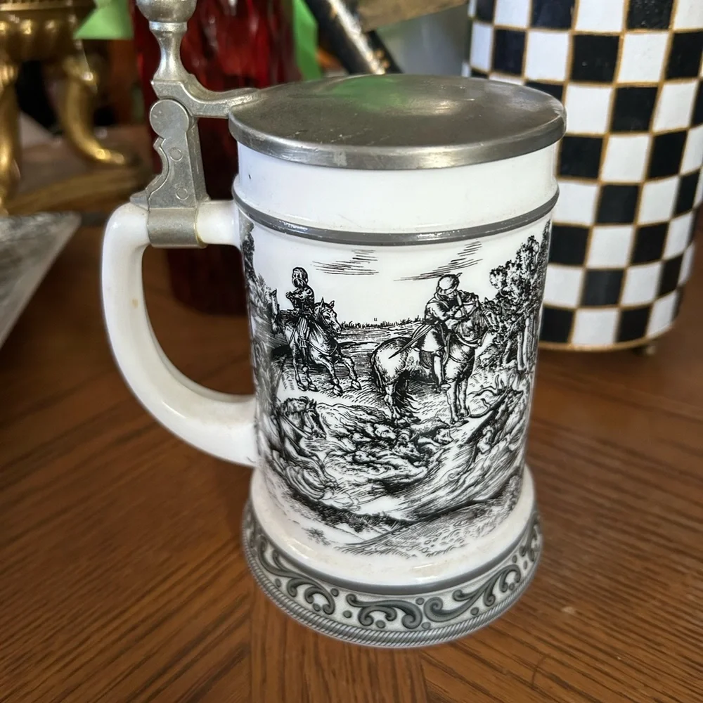 Vintage White Milk Glass German Beer Stein Mug with Pewter Lid